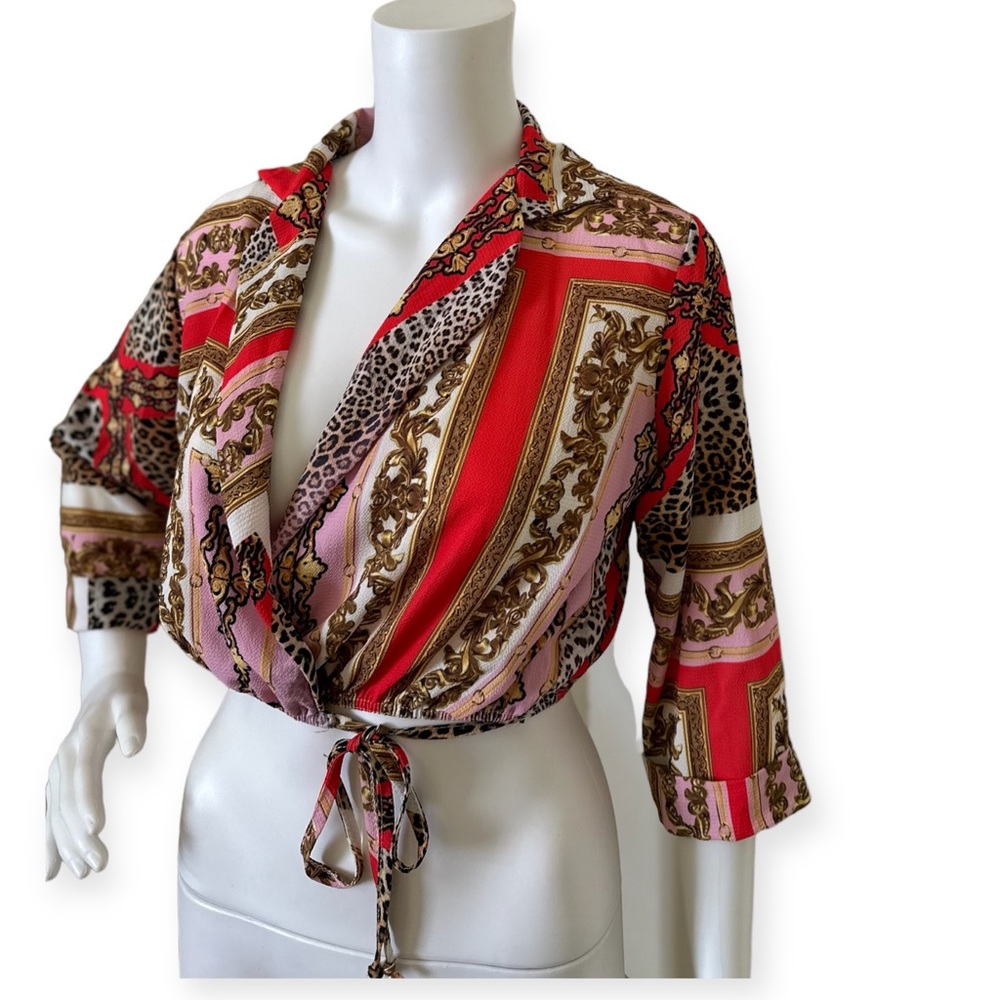 Pink Scarf Print Plunge Crop Top - DORIE